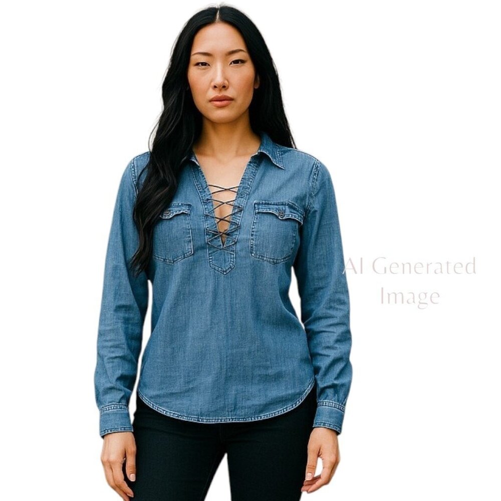 So Womens Front Lace Up Flap Pockets 100% Cotton Blue Jean Denim Shirt Size XS